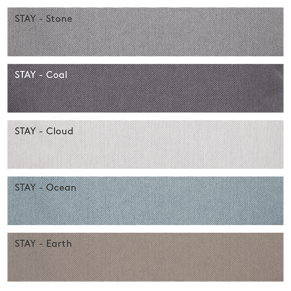 Farbmustern mit den Bezeichnungen Stein, Kühl, Wolke, Ozean und Erde in einem strukturierten Design-Layout.