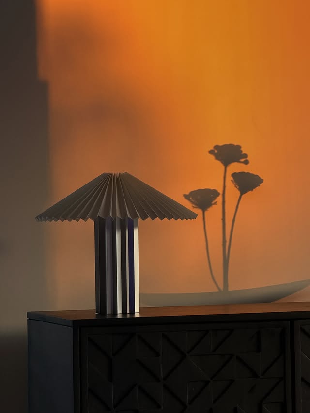 Dunkle Tischleuchte mit plissiertem Schirm auf einem schwarzen Sideboard vor einer orange beleuchteten Wand mit Blumenschatten.
